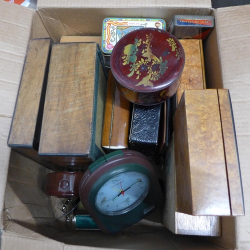 1140 - A collection of boxes, tins and three clocks