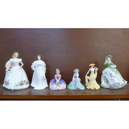 607 - Six figures of ladies; two Royal Doulton, Monica and Joanne, three Coalport; Fascination, Chantilly ... 