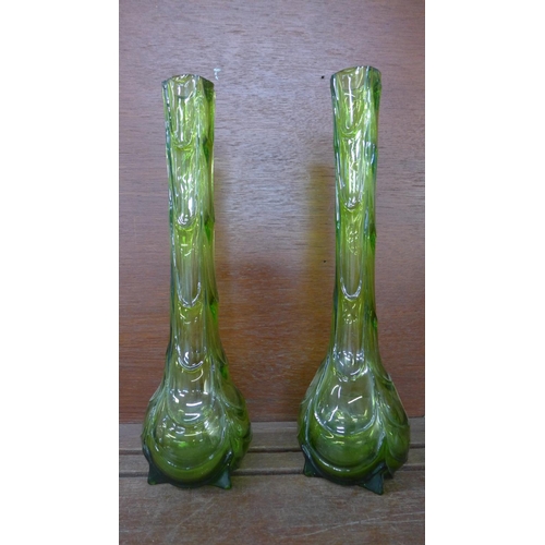 618 - A pair of 1960's/70's lime green glass vases, small nibbles to each rim, 30.5cm