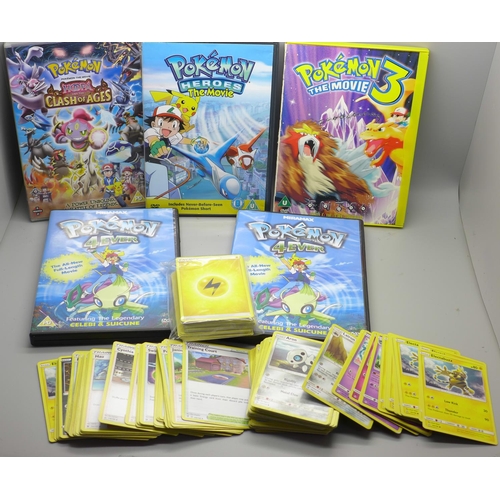 625 - Two hundred Pokemon cards with Pokemon DVDs