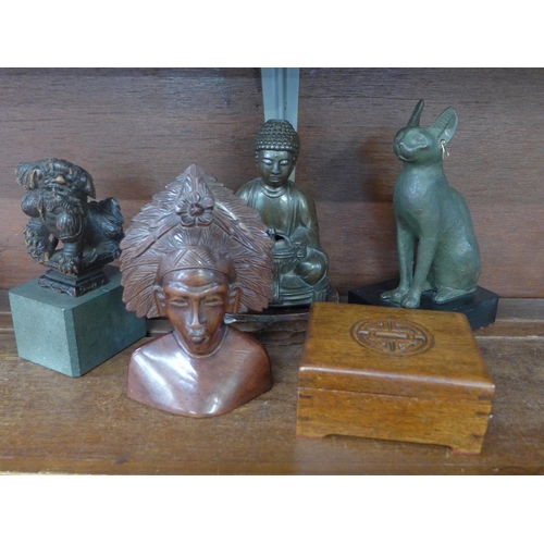 626 - Four figures including Buddha, a wooden box and two bronze models of dogs