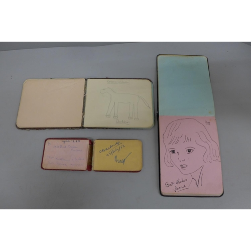 641 - Three autograph books with assorted drawings including WWII RAF Beaufighter in North Africa