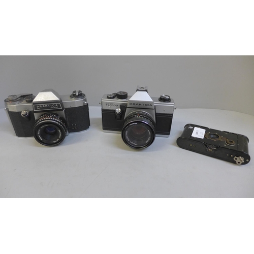 654 - Two Praktica 35mm film cameras and a Kodak folding camera