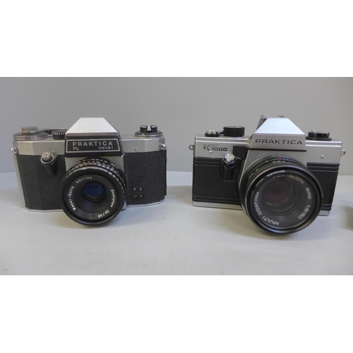 654 - Two Praktica 35mm film cameras and a Kodak folding camera