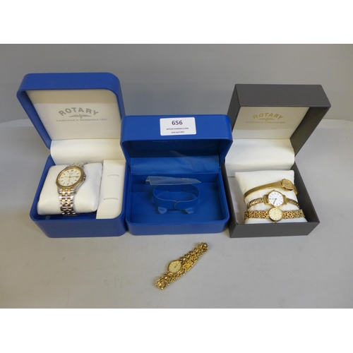 656 - Five Rotary wristwatches; one gentleman's and four lady's in three boxes