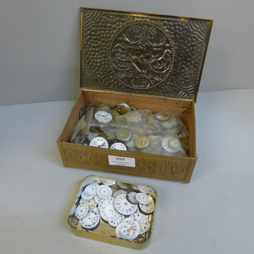 659 - A tin of early 20th Century trench watch movements