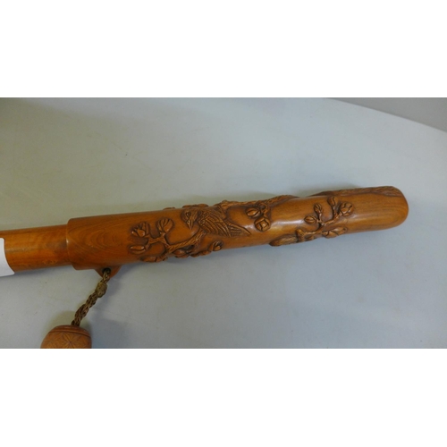 662 - An oriental finely carved fruitwood brush/scroll holder and inro