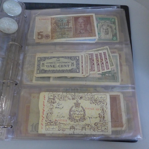 677 - A collection of world coins in box and album, a collection of banknotes, Japanese Government Issue, ... 