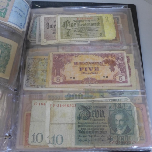 677 - A collection of world coins in box and album, a collection of banknotes, Japanese Government Issue, ... 