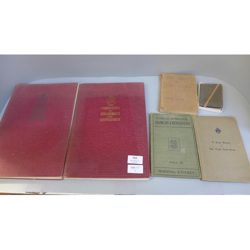 702 - A 1937 Coronation diary in original box, two Royalty books, a The Royal Tank Corps book, Dickens A T... 