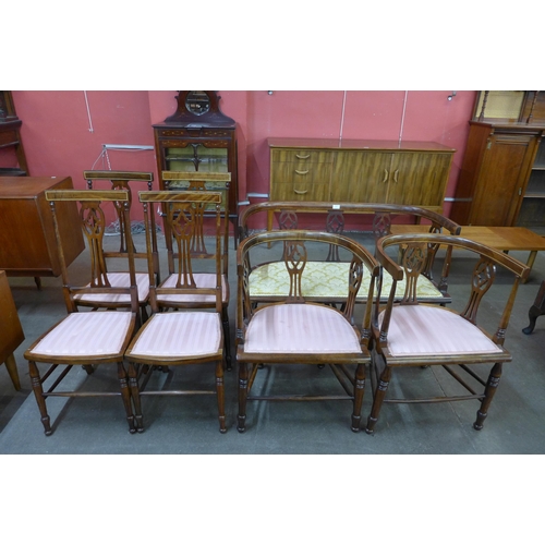 102 - An Edward VII inlaid mahogany seven piece salon suite. This lot is sold with non-transferable standa... 