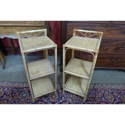 15 - A pair of bamboo and rattan three tier whatnots