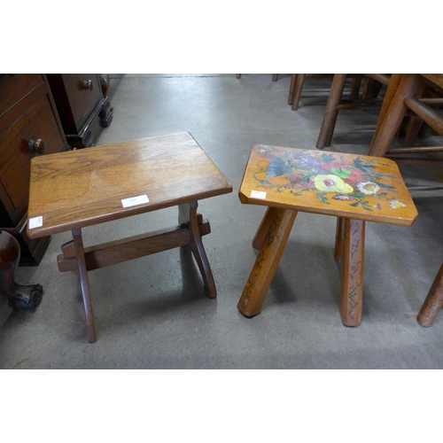 165 - A small painted beech stool and an oak stool