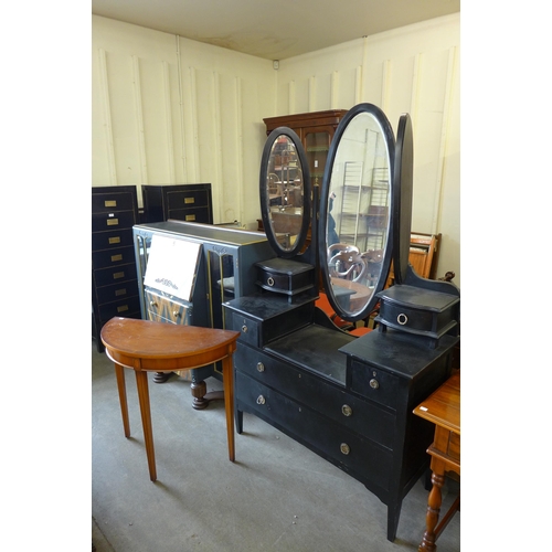 251 - A painted oak side by side bureau bookcase, an ebonised Edward VII dressing table and an inlaid maho... 