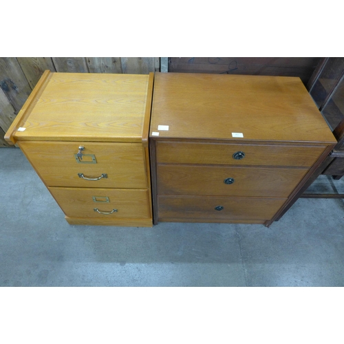 262 - A teak chest of drawers, an oak filing cabinet and two teak floating shelves (with brackets)