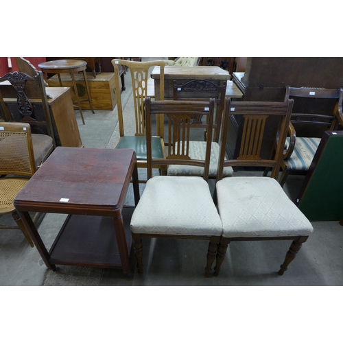 278 - Three Edward VII mahogany chairs, an Arts and Crafts oak chair and a trolley