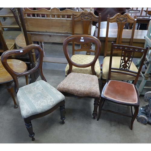 282 - A pair of Arts and Crafts walnut side chairs, two Victorian chairs and one other