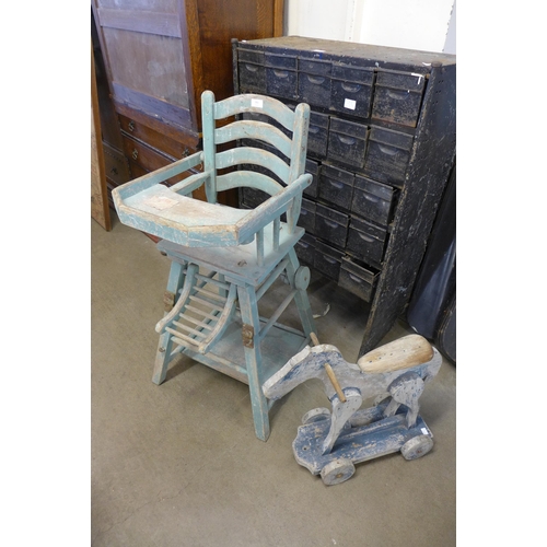 283 - A painted child's high chair and wooden painted toy horse