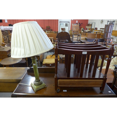 284 - A mahogany Canterbury, a George III oak tripod table and an onyx and brass table lamp