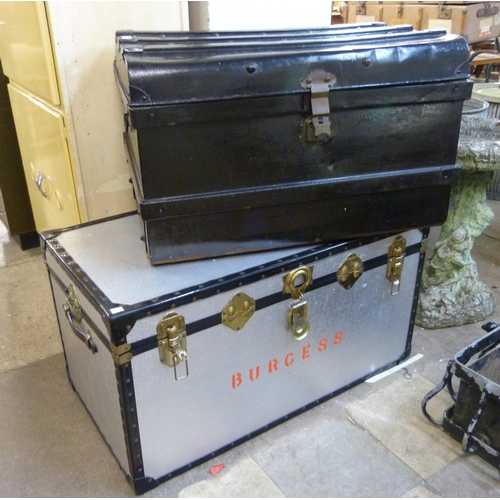 303 - An early 20th Century black metal steamer trunk and one other