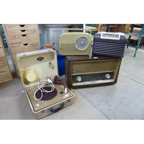 344 - Two vintage valve radios, another radio and a portable record player