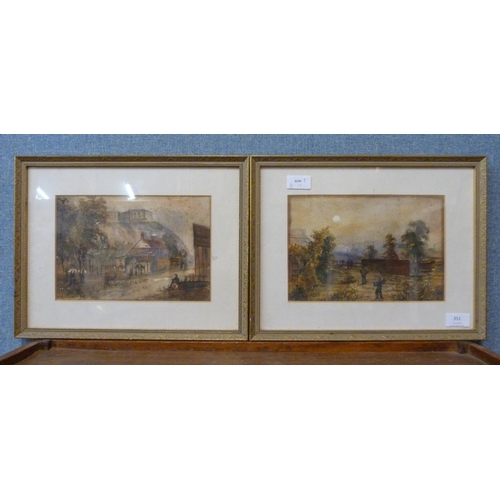 351 - English School, pair of Nottingham Castle  landscapes, watercolour, unsigned, framed