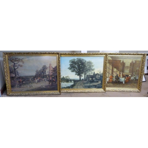 360 - Three large prints, hunting scene, an interior scene and one other