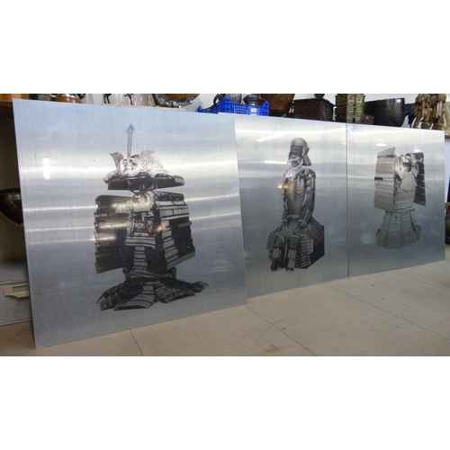 363 - A set of three photographs on steel panels of Japanese Samurai, 100 x 100cms