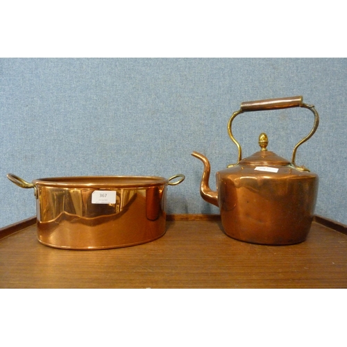 367 - A Victorian copper kettle and a copper two handled pan