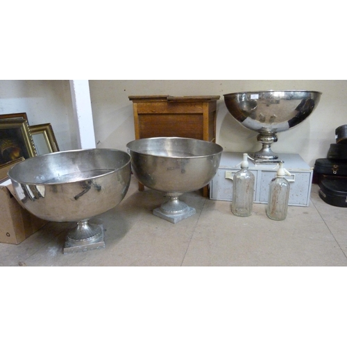 387 - An oak sewing table, index chest, three large punch bowls and two vintage soda stream bottles