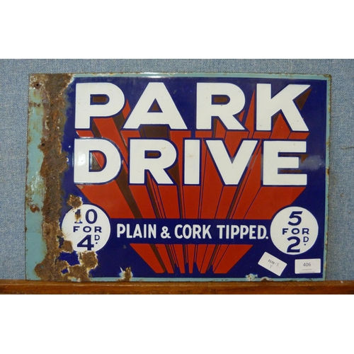 406 - An enamelled double sided Park Drive sign