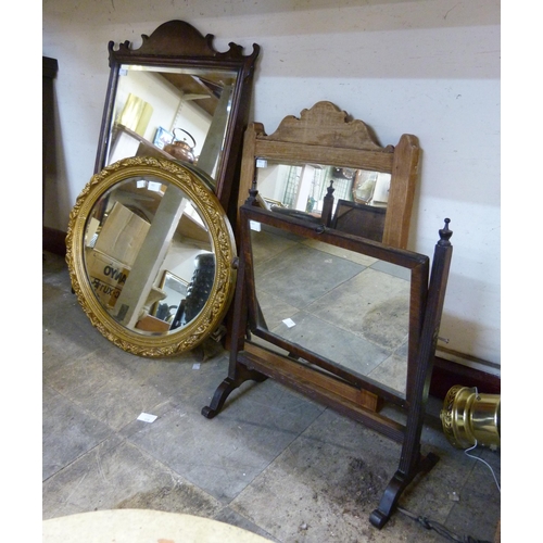 420 - A mahogany toilet mirror, George II mahogany mirror and two other mirrors