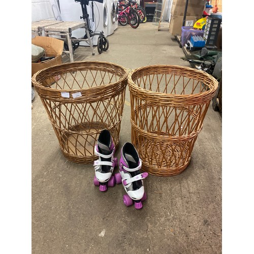 2063 - 2 Wicker baskets and pr. of girl's roller skates, children's size 10-12