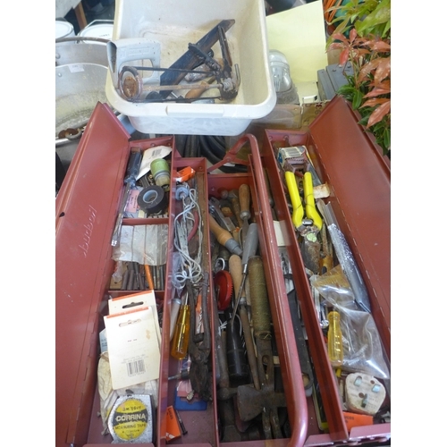 2180 - Large metal tool box with tools and small qty. of drain rods