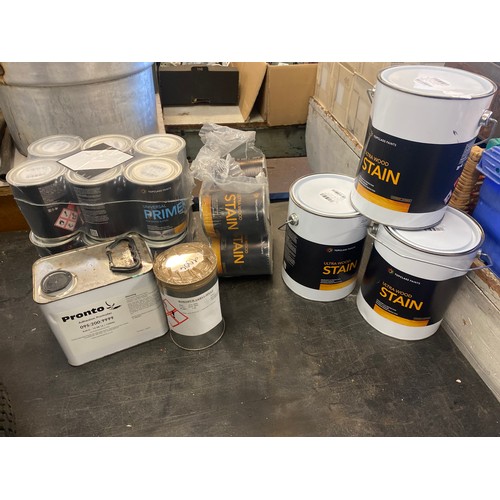 2126 - Three 3.2 ltr tins of Ultra Wood Stain, shade Cherry Wood, six tins of universal primer for wood and... 