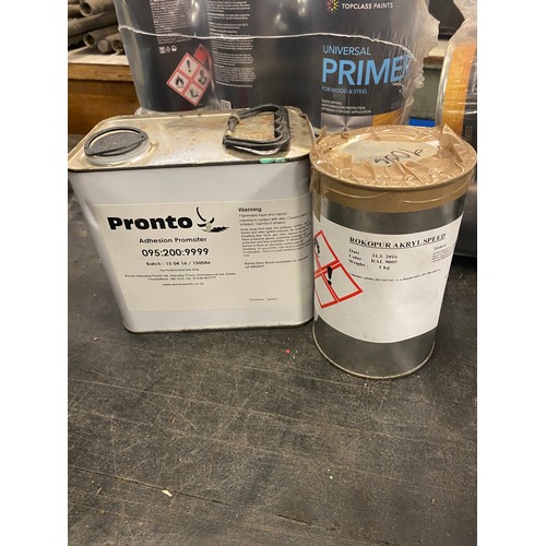 2126 - Three 3.2 ltr tins of Ultra Wood Stain, shade Cherry Wood, six tins of universal primer for wood and... 