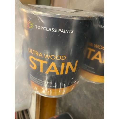 2126 - Three 3.2 ltr tins of Ultra Wood Stain, shade Cherry Wood, six tins of universal primer for wood and... 