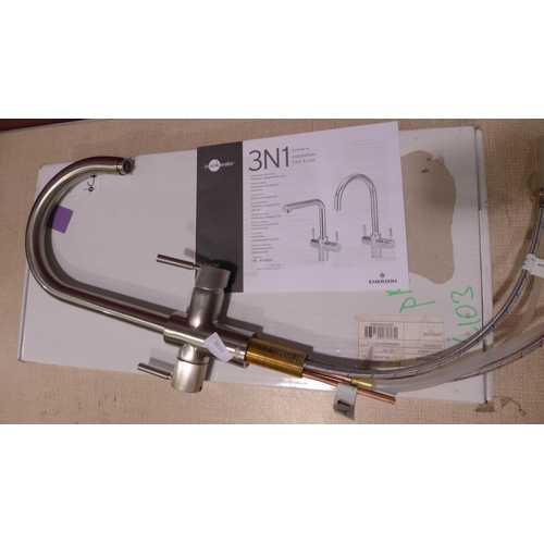 3077 - Insinkerator 3-N-1 Swan Neck Brushed Steel Hot Water Tap (Model: F-H3N1J) RRP £405 inc. VAT (389-102... 