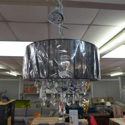 1462 - A chrome five arm chandelier with black shade and glass droplets