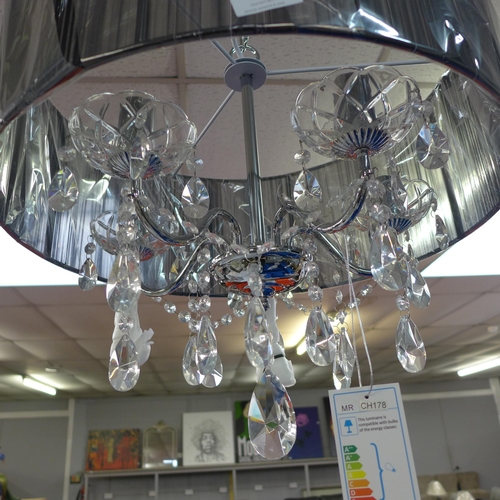 1462 - A chrome five arm chandelier with black shade and glass droplets