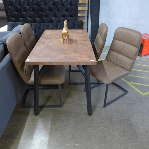 1472 - A copper effect top dining table with a set of four Mezan brown upholstered dining chairs