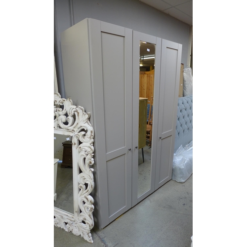 1478 - A grey painted triple wardrobe with mirrored door  *This lot is subject to VAT