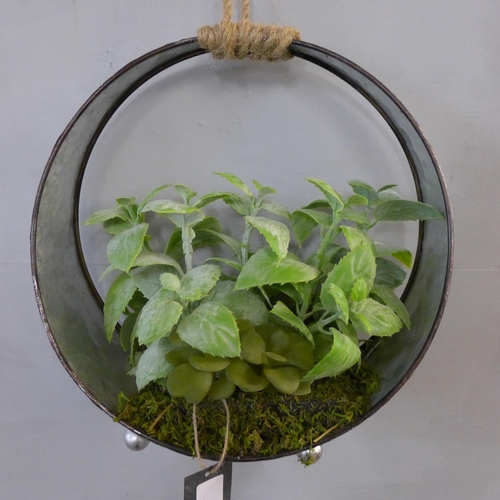 1403 - Faux green succulents in a round iron pot  - H 30cms (66554912)