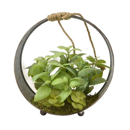 1403 - Faux green succulents in a round iron pot  - H 30cms (66554912)