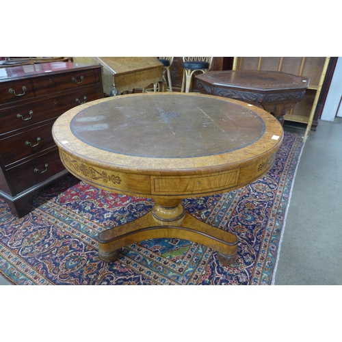 1 - A Regency birds eye maple and leather topped drum shaped library or rent table, manner of George Bul... 