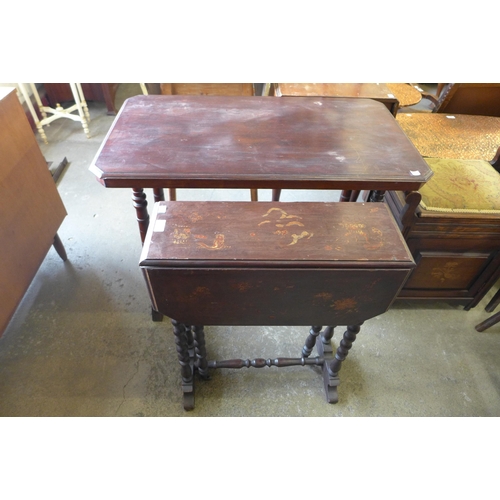 145 - A Victorian Japanned walnut bobbin turned Sutherland table and a Victorian beech stretcher table