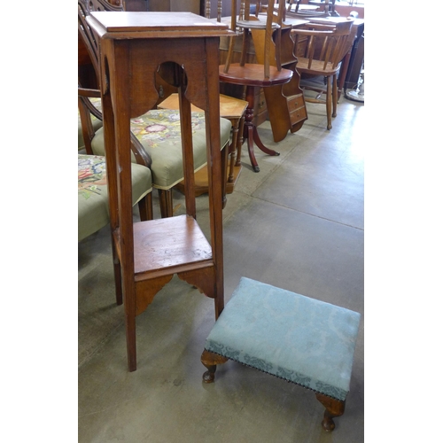 214 - An oak jardiniere stand and a small beech stool