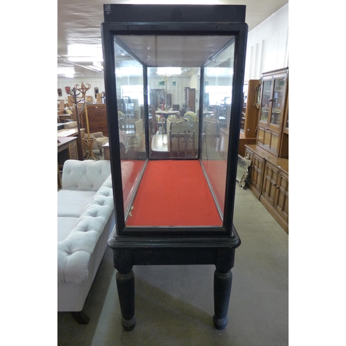 223 - A large ebonised museum cabinet on stand