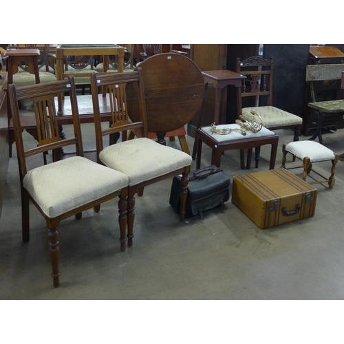 230 - Three Edward VII mahogany chairs, an Arts and Crafts oak chair and a trolley, etc.