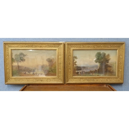 287 - A pair of 19th Century over painted prints, Italian landscapes, framed